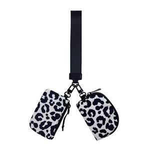 Dual Pouch Wallets Wristlet Keychain Black and White Leopard